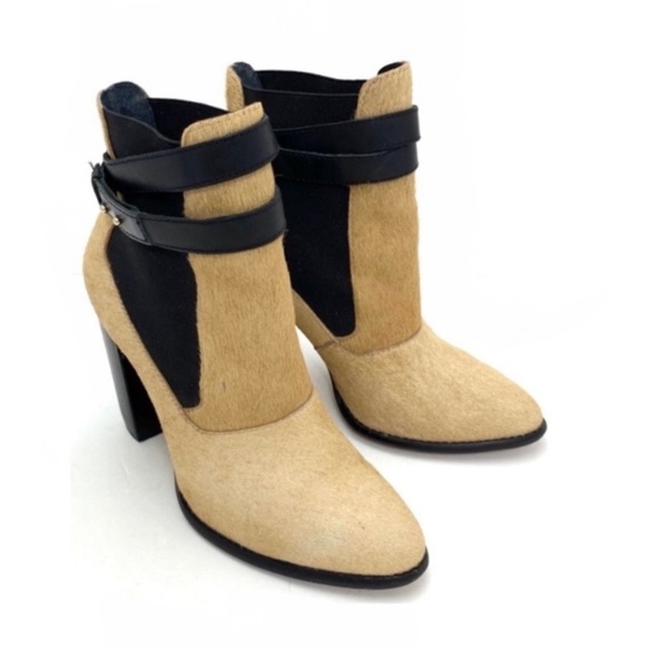 ELIZABETH and James Solar 1 Pony hair Pointed Toe Ankle Heel Bootie in Beige - Picture 2 of 11